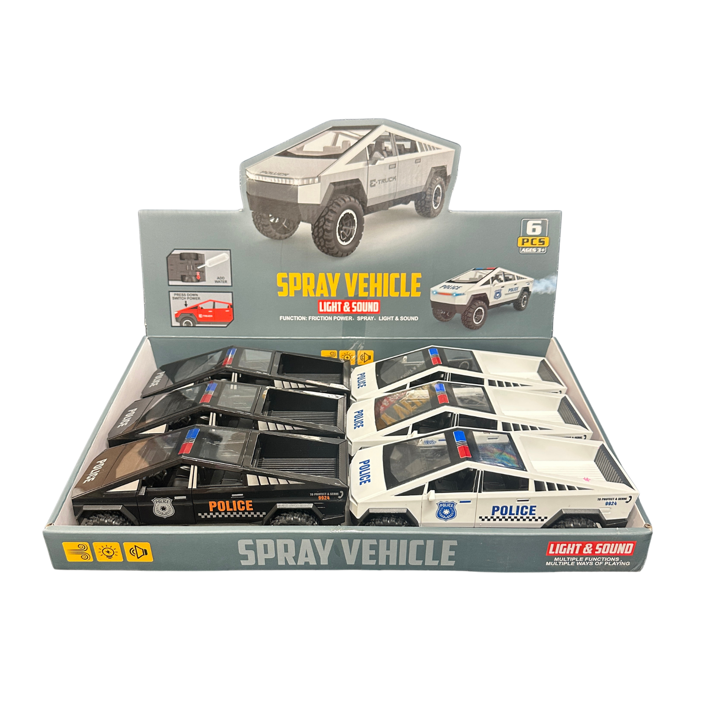 7.5" Friction Cybertruck Police Car with Lights, Sound & Vapor Effect