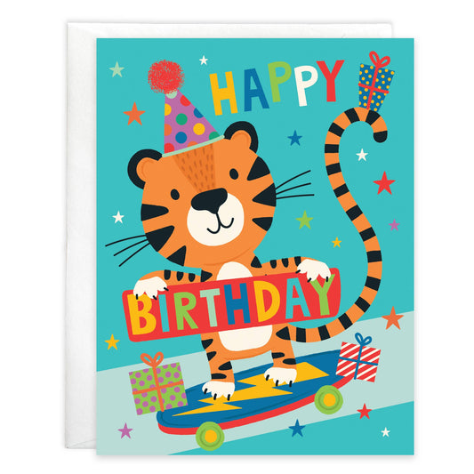 Skateboarding Tiger Kids Birthday Greeting Card